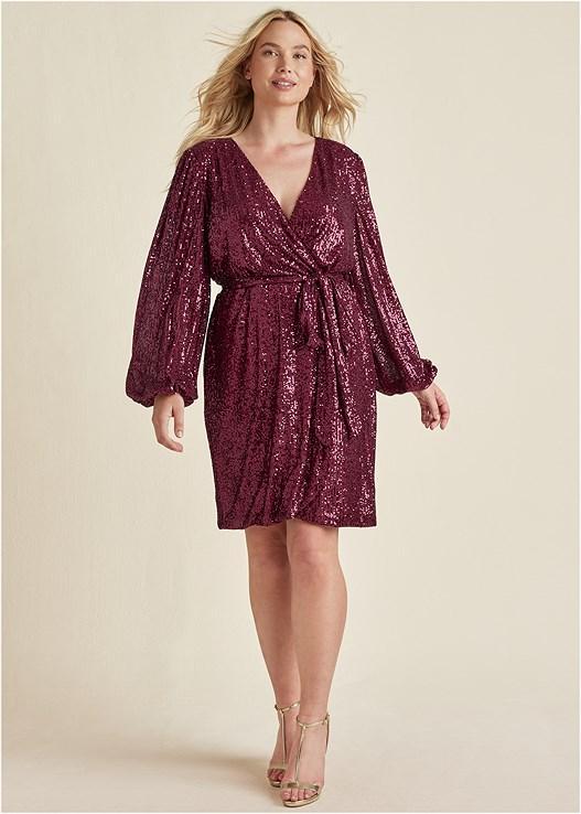 Belted Sequin Wrap Dress Product Image