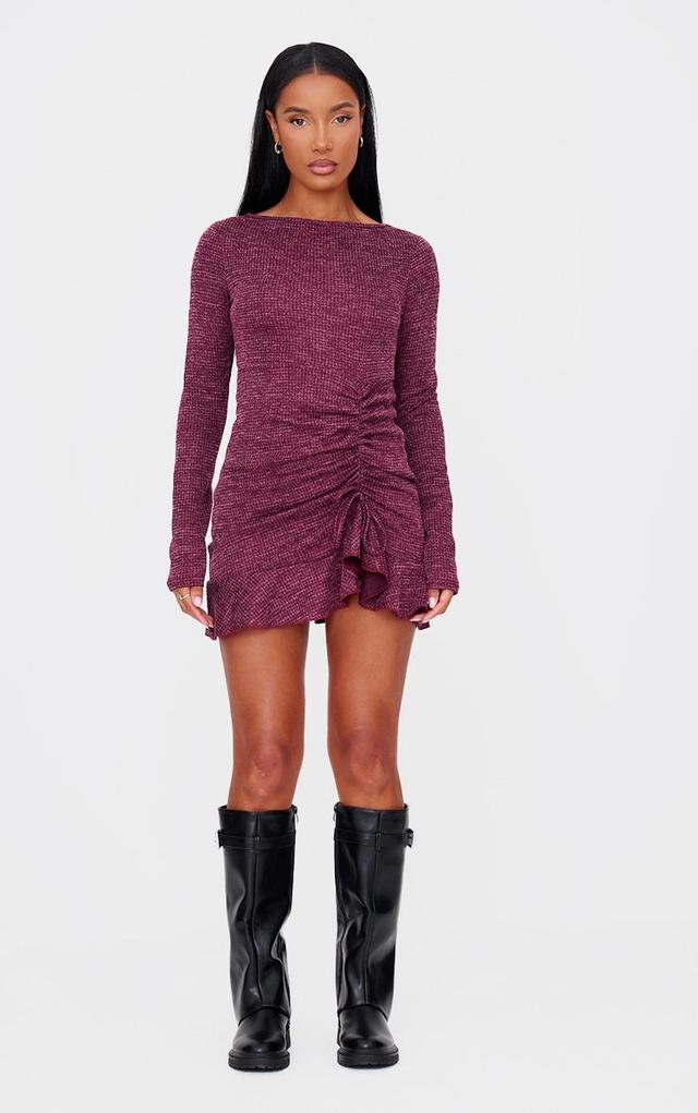 Burgundy Textured Long Sleeve Ruched Detail Shift Dress Product Image