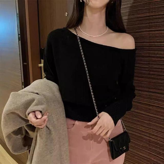 Long Sleeve Off Shoulder Plain Sweater Product Image