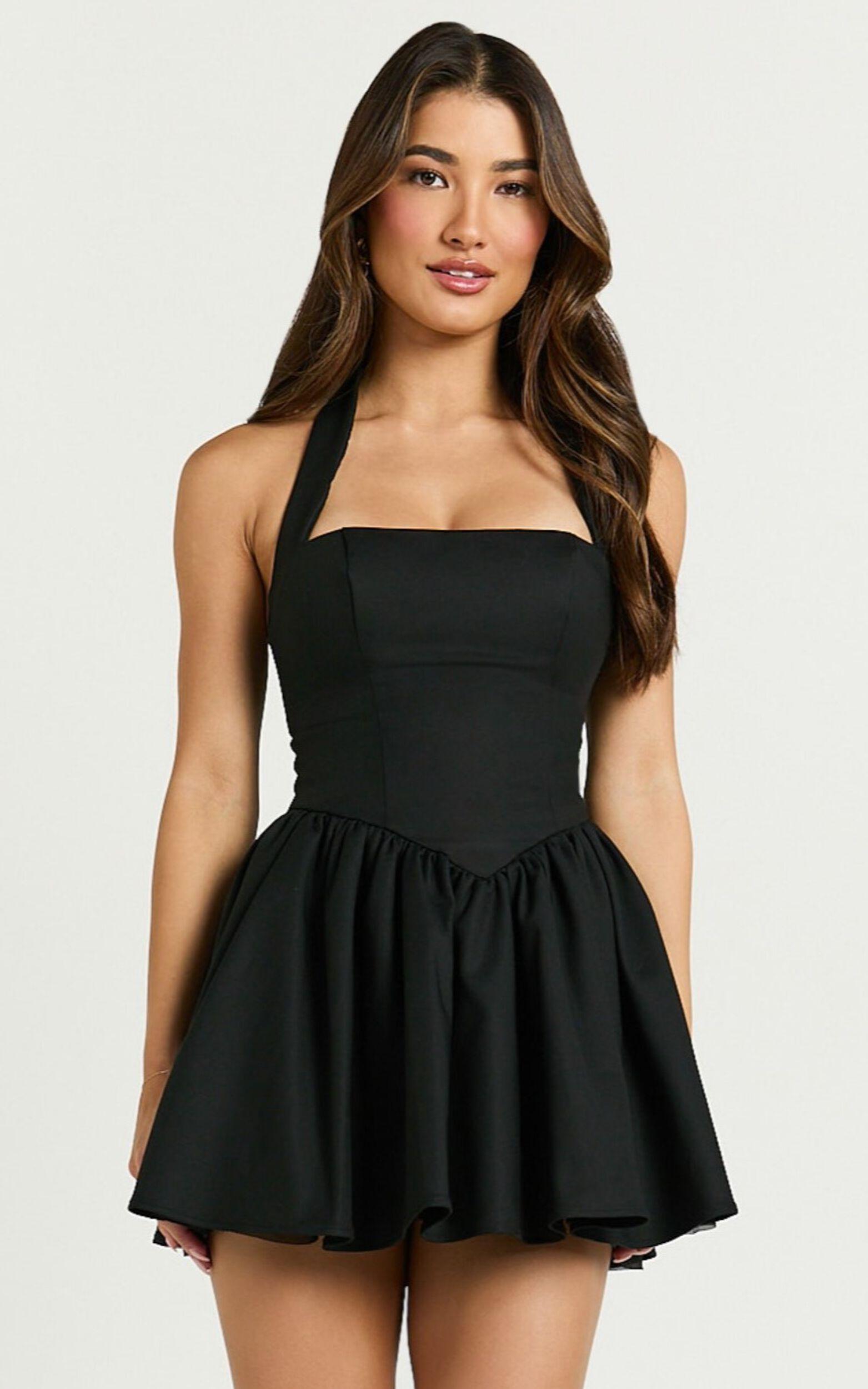 Helda Mini Dress - Halter Tie Neck Corset Panel Dress in Black Product Image