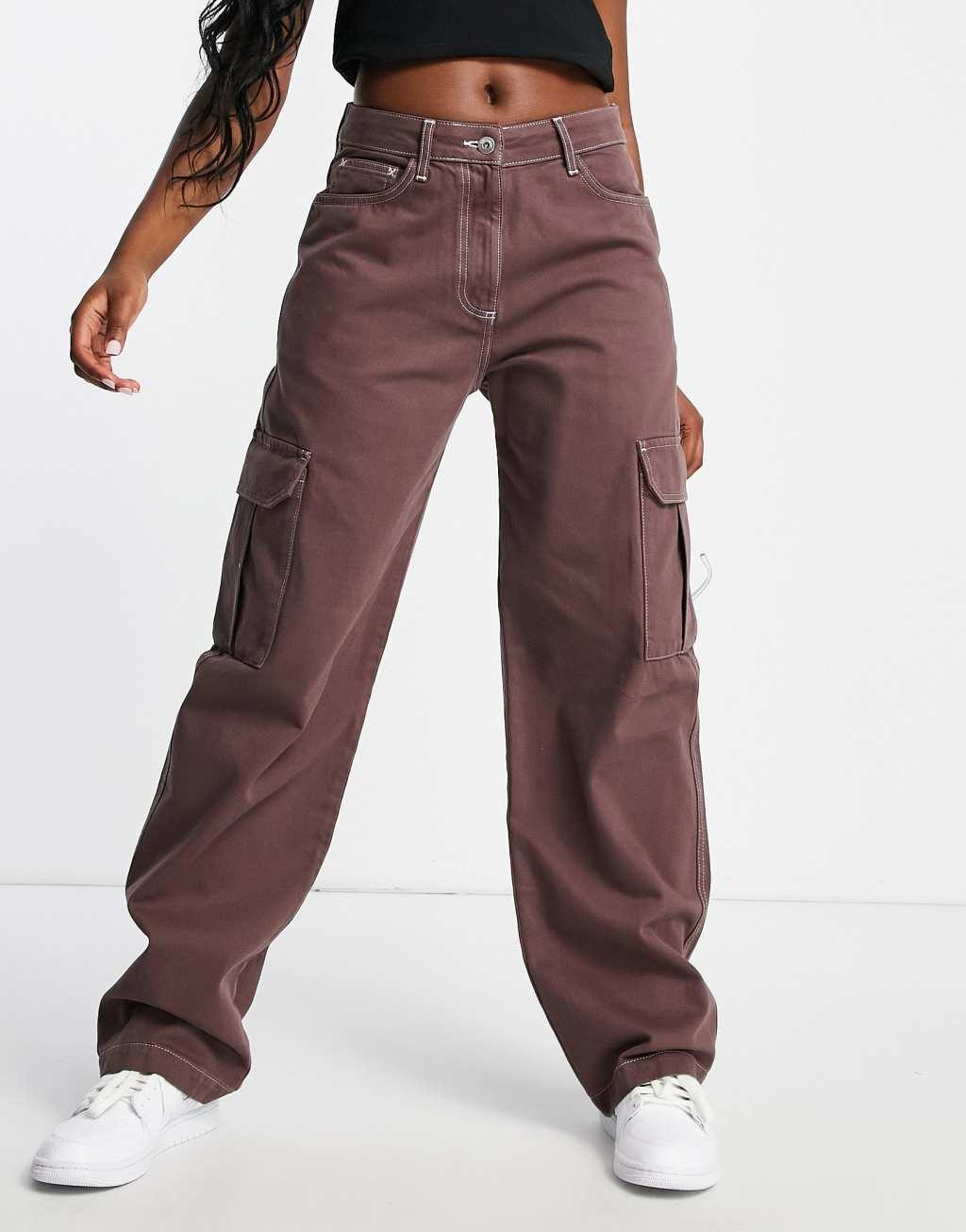 COLLUSION anti fit cargo jeans with contrast stitch in mocha Product Image