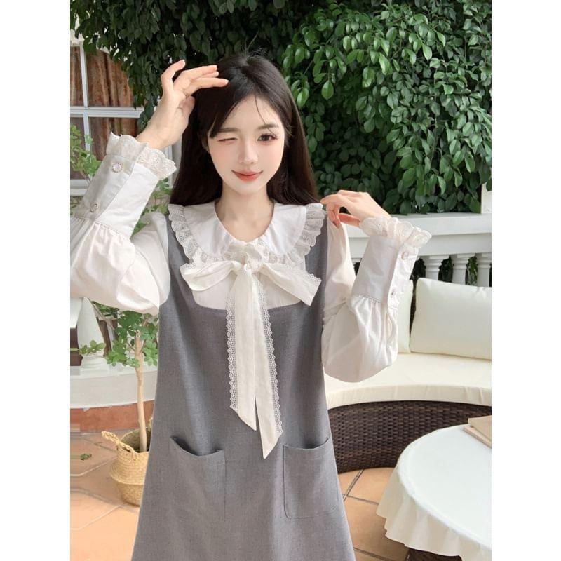 Mock Two-Piece Long-Sleeve Collar Two Tone Bow A-Line Dress Product Image