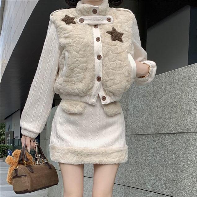 Stand Collar Star Patterned Panel Fluffy Button Jacket / High Rise Pencil Skirt (Various Designs) Product Image