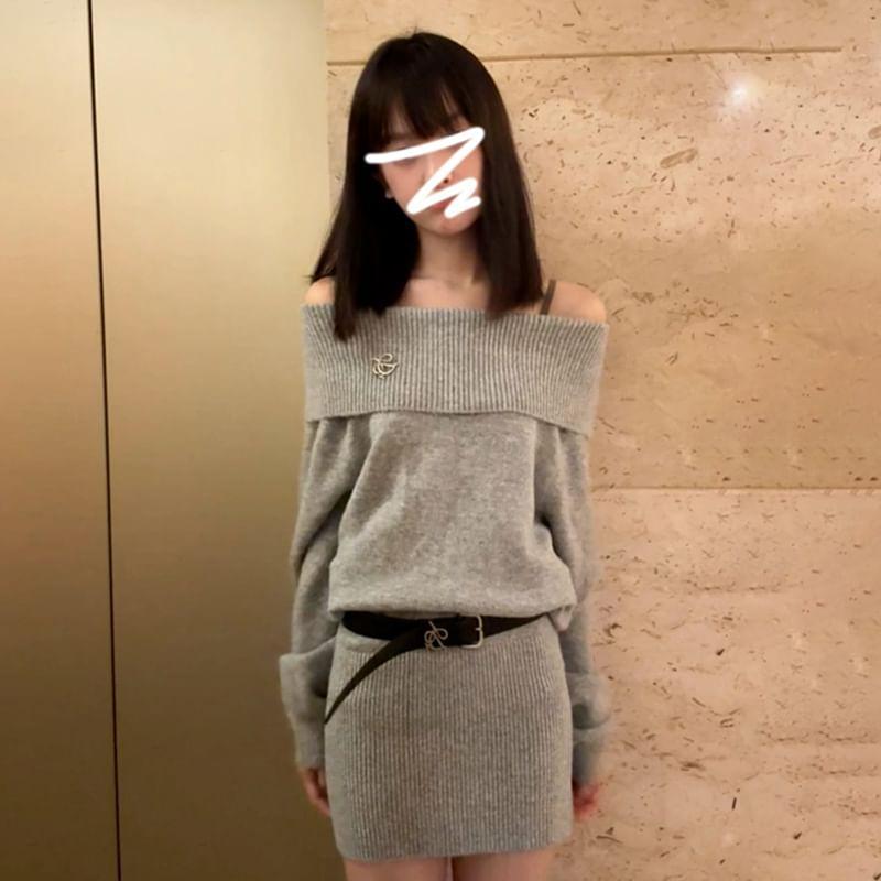 Off Shoulder Plain Mini Sweater Dress Product Image