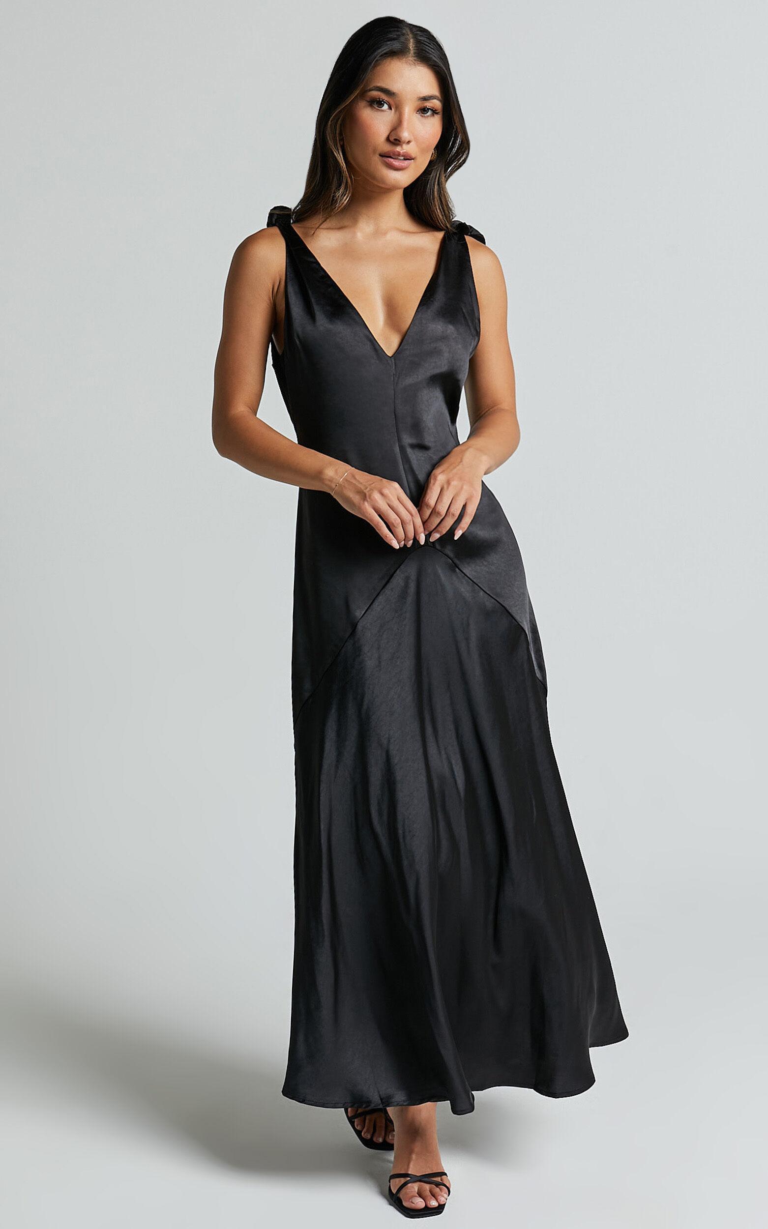 Hart Midi Dress - Tie Shoulder Plunge Satin Dress in Black Product Image