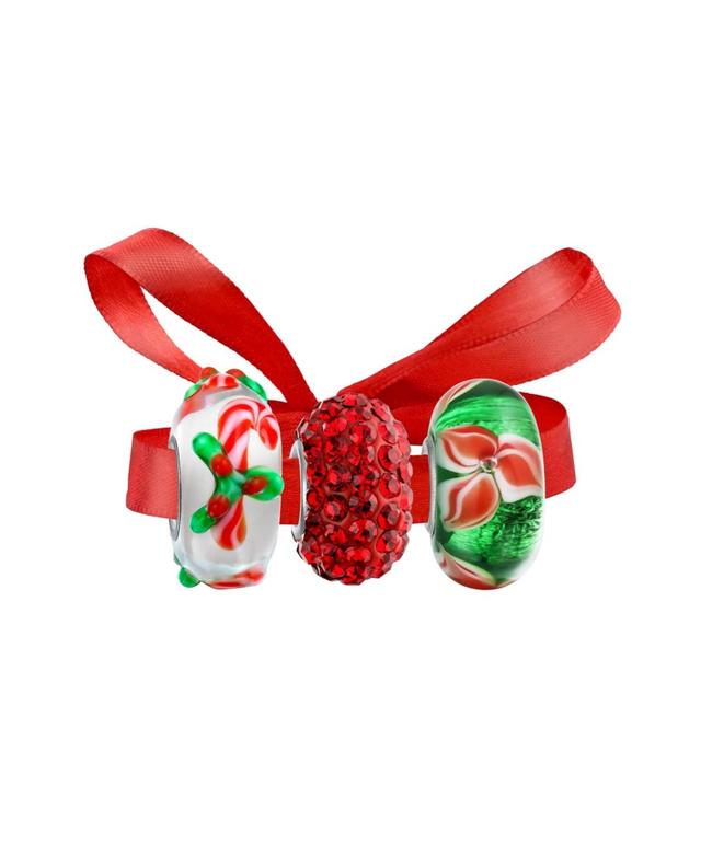 Bling Jewelry Bundle Set Of 3 Christmas Charms Poinsettia Candy Cane Red Crystal .925 Sterling Silver Charm Beads For Teen Women Fits European Bracele Product Image