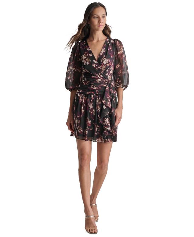 Dkny Womens Crinkle-Chiffon Faux-Wrap Mini Dress - Black Product Image