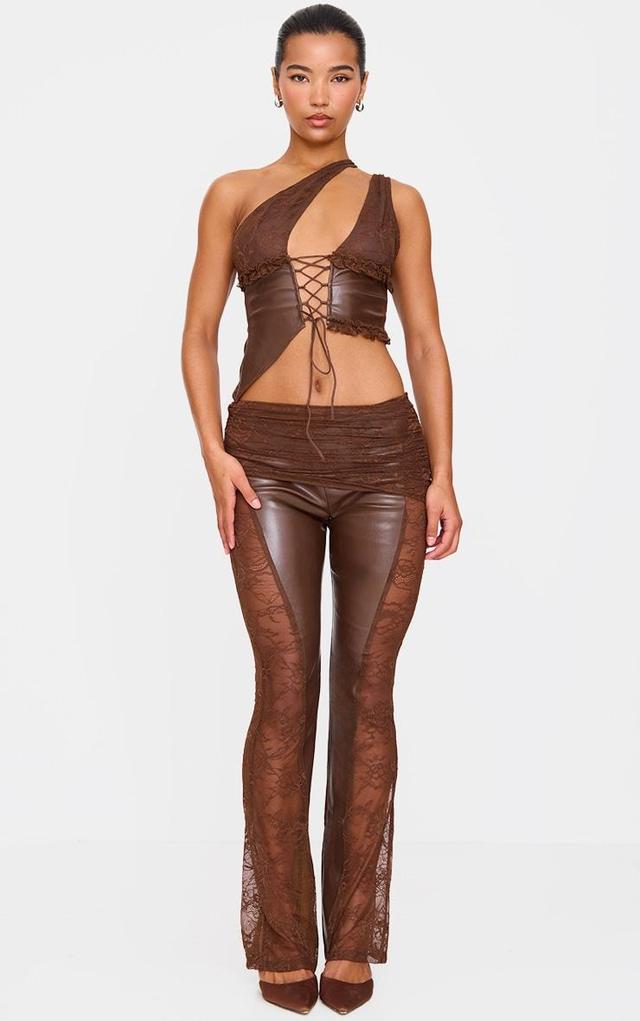 Brown Faux Leather Lace Ruched Waist Flared Pants Product Image