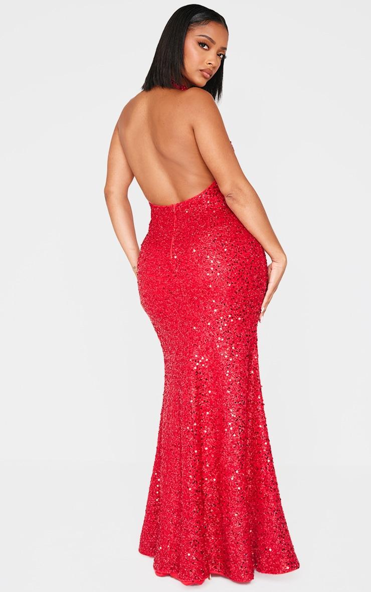 Shape Red Sequin Halter Neck Deep Plunge Maxi Dress Product Image