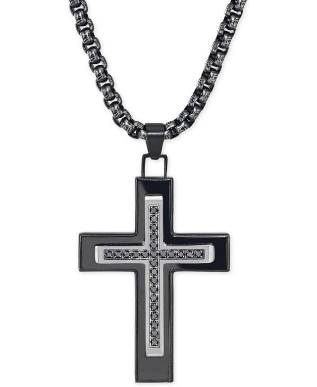 Esquire Mens Jewelry Black Diamond (1/4 ct. t.w.) Cross Necklace in Black Ip over Stainless Steel, Created for Macys Product Image