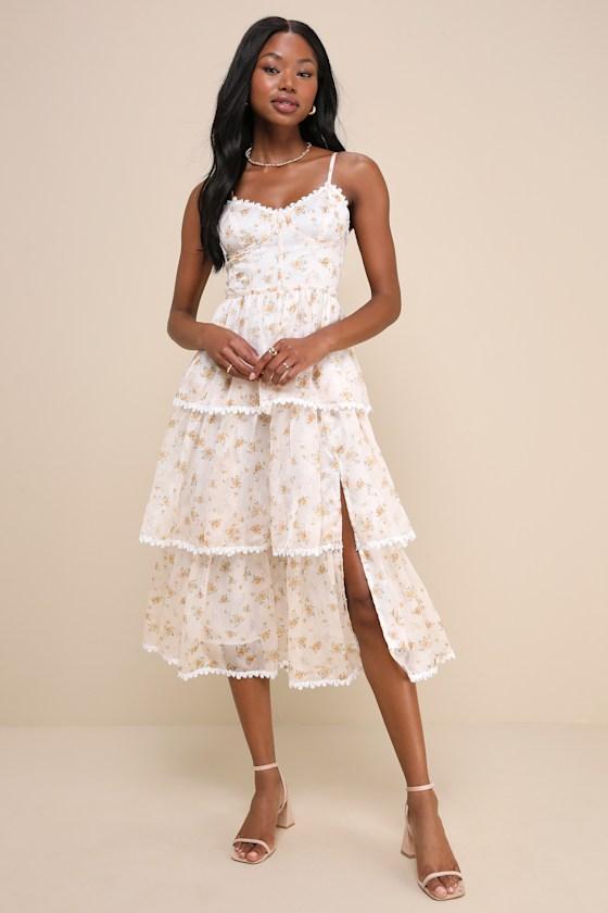 Blissful Delight White & Orange Floral Tiered Ruffled Midi Dress product image