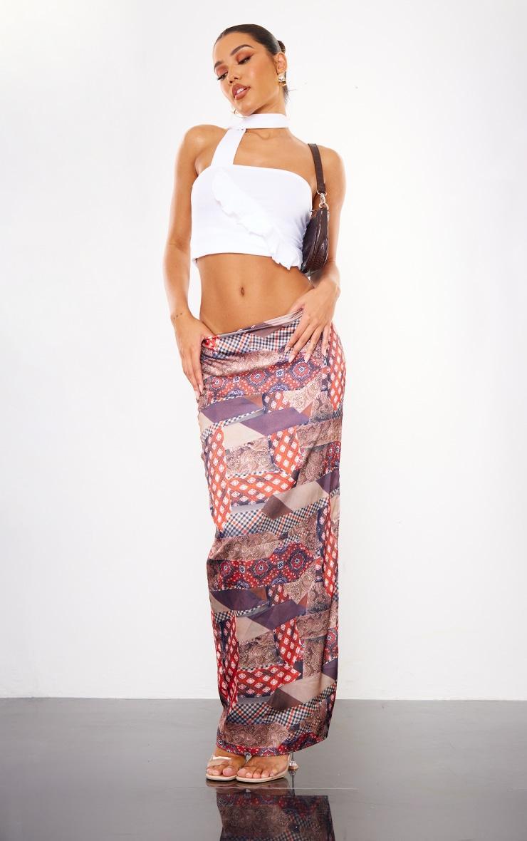 Brown Tie Dye Printed Satin Low Rise Maxi Skirt Product Image