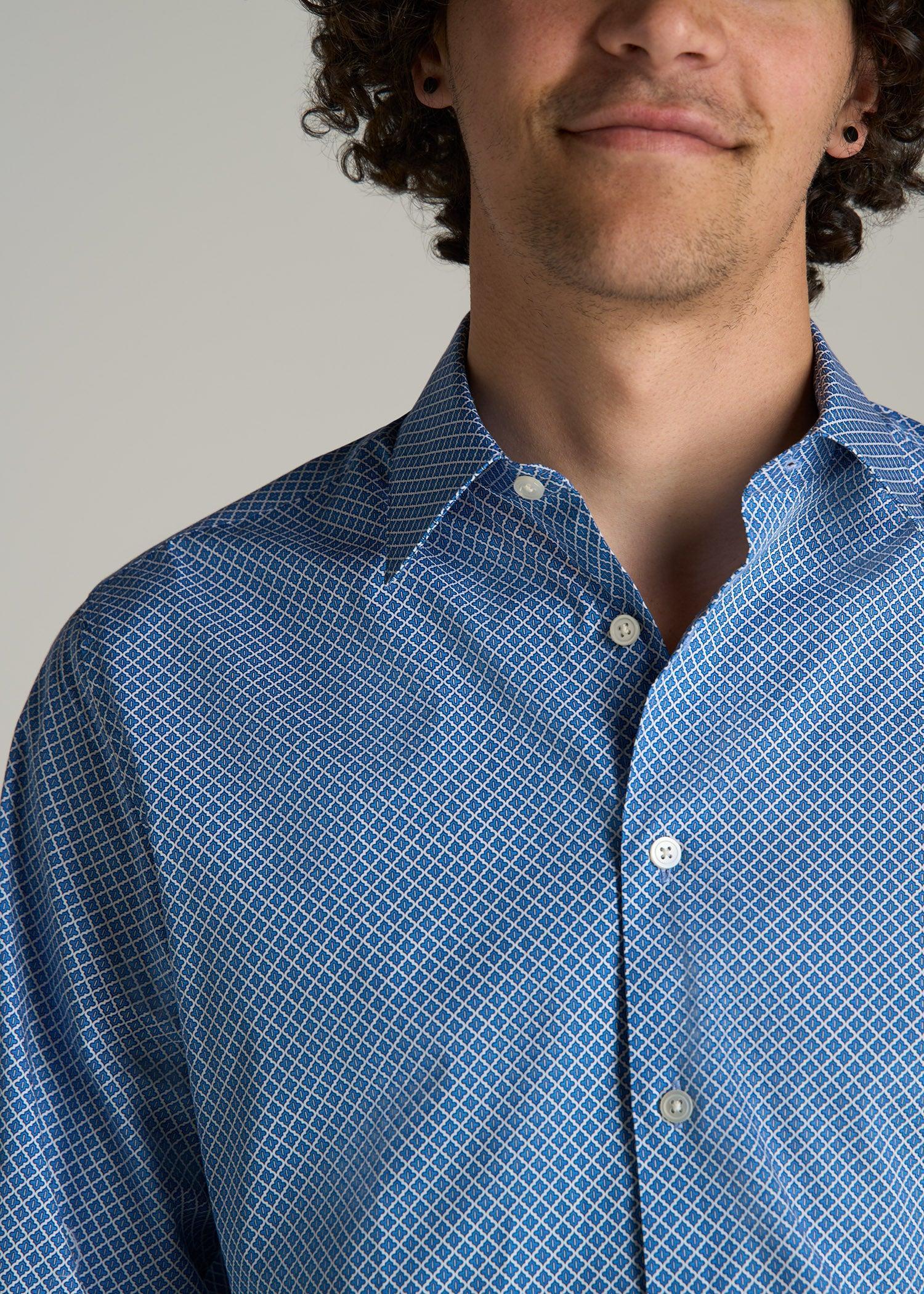 Premium Dress Shirt for Tall Men in Blue Geometric Product Image