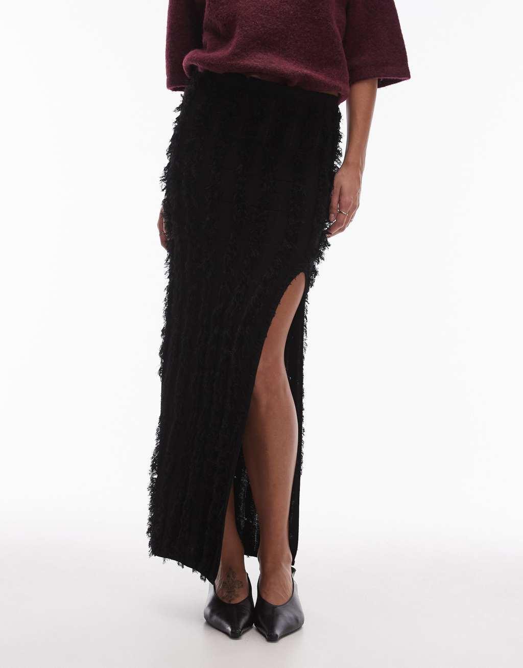 Topshop knit textured maxi skirt in black Product Image