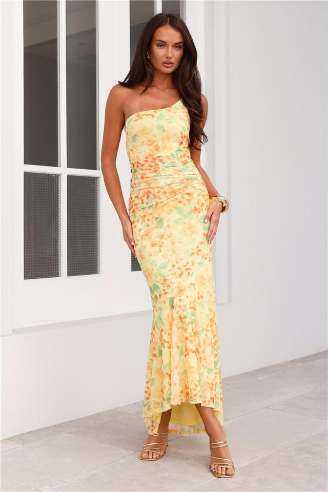 Posh Perfection One Shoulder Mesh Maxi Dress Yellow Product Image