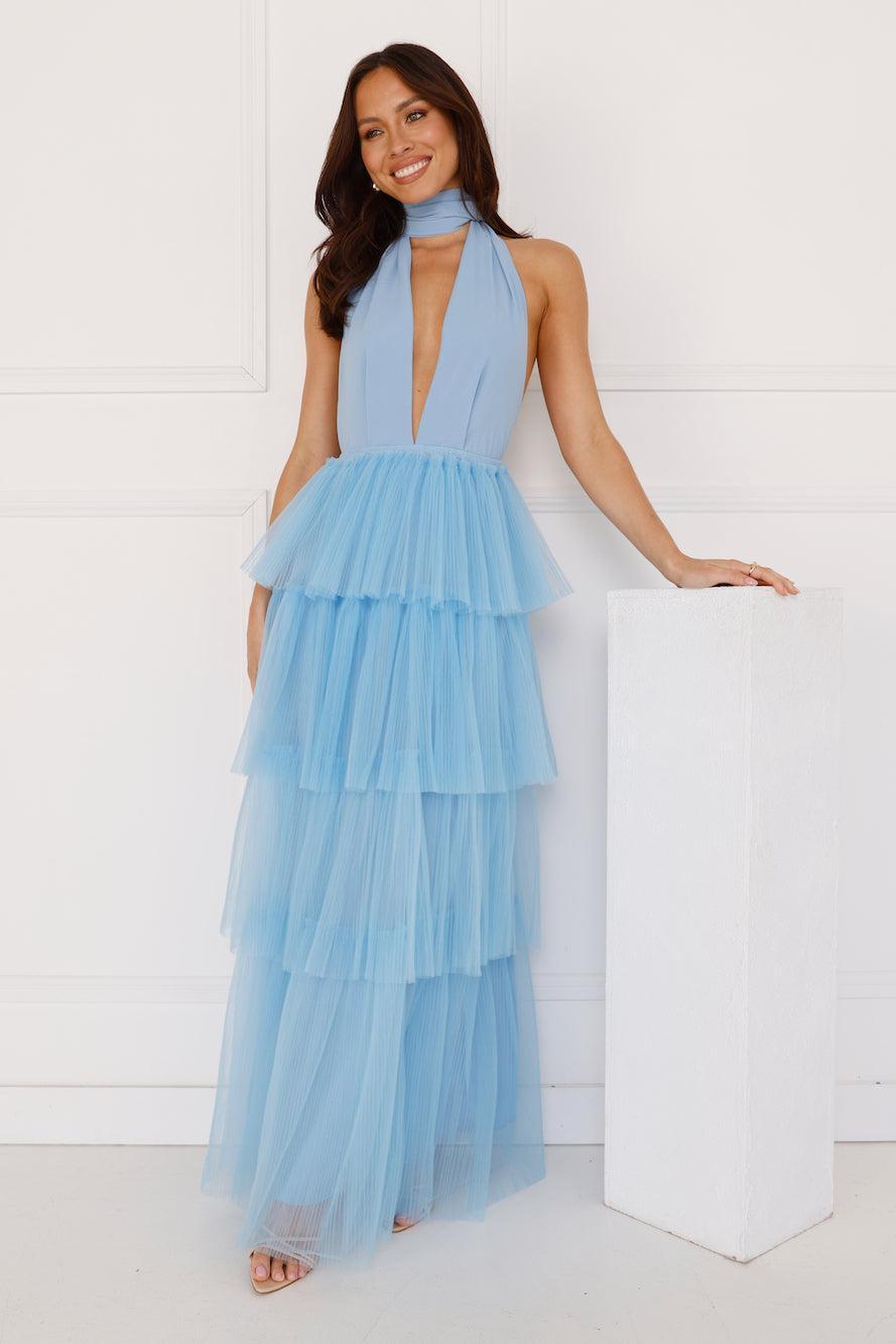 Unreal Beauty Halter Tulle Maxi Dress Blue Product Image