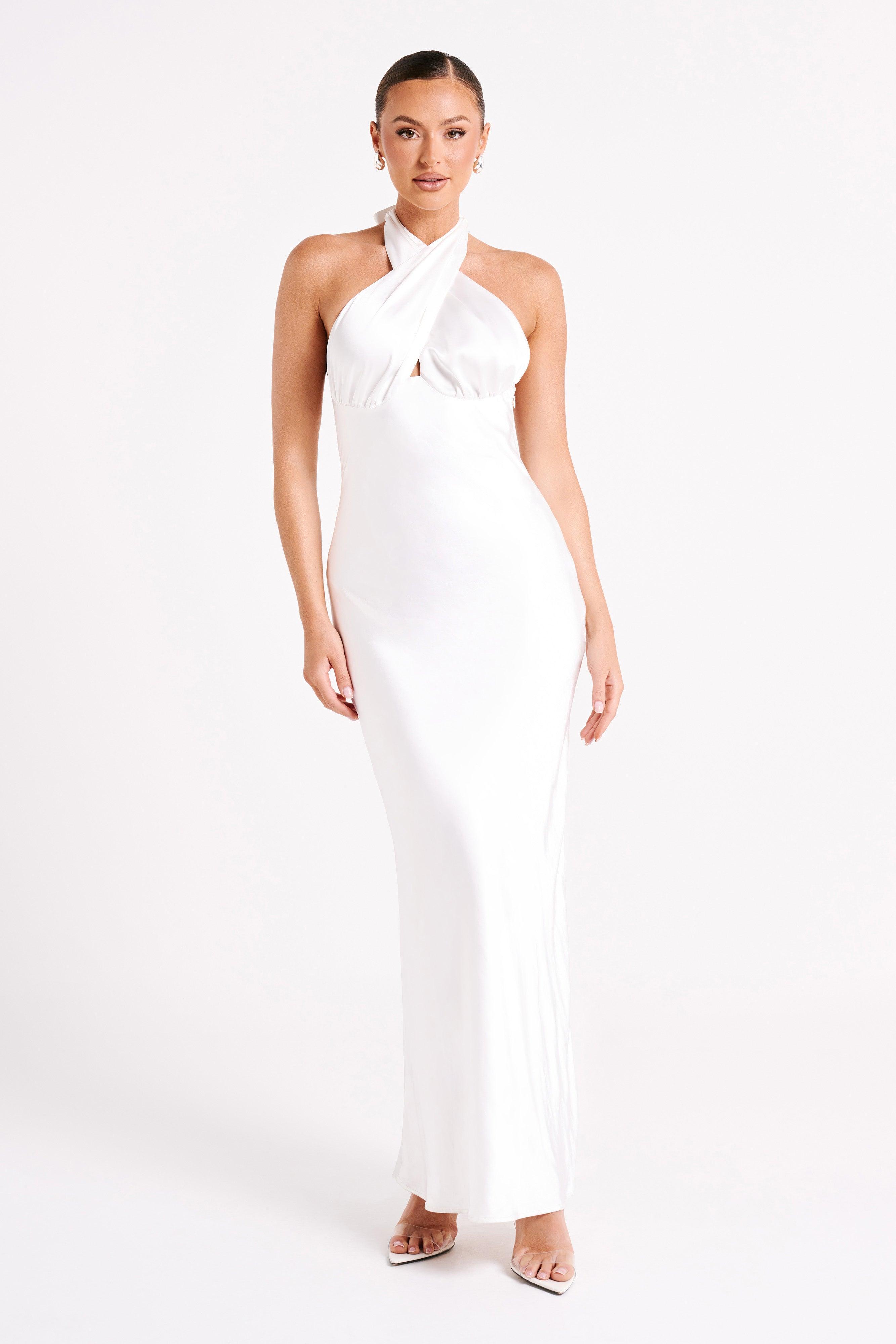 Marvelle Satin Halter Maxi Dress - White Product Image