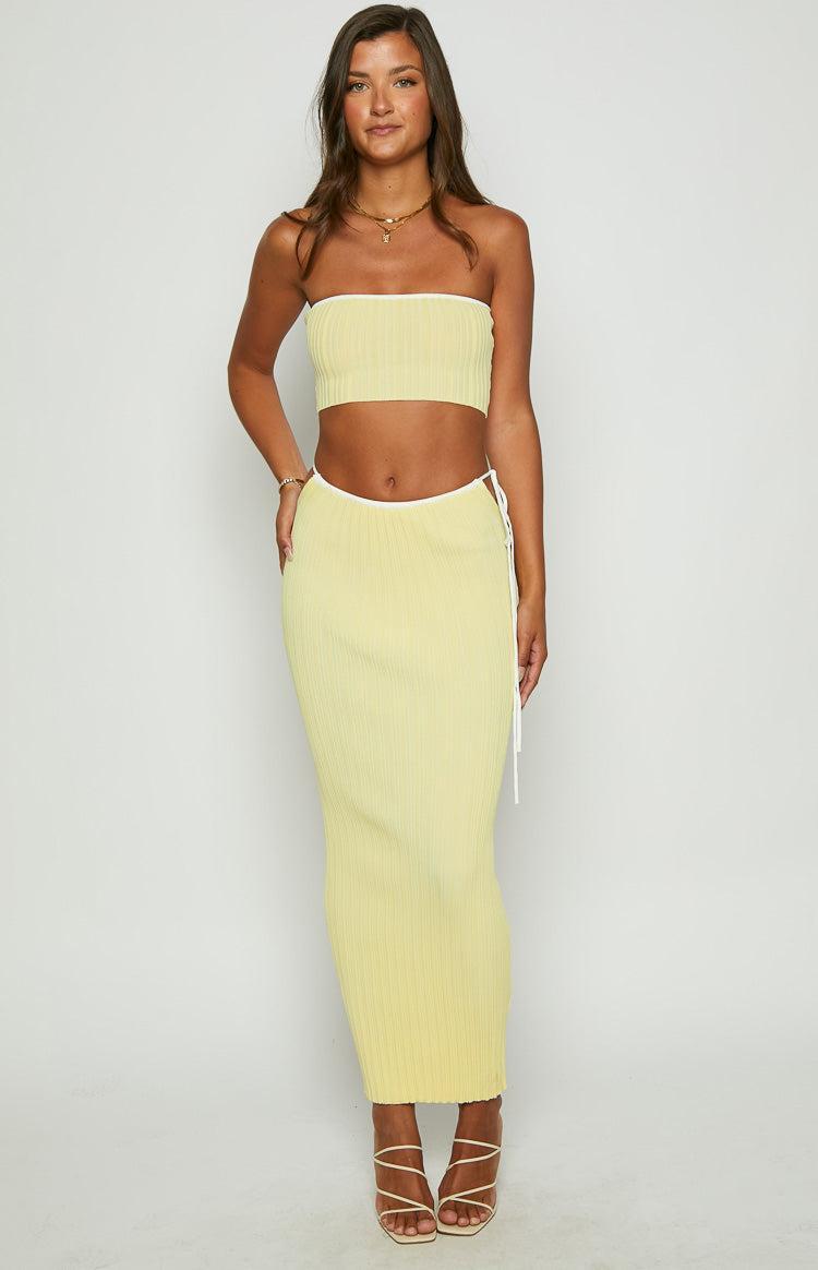 Pia Yellow Contrast Bind Knit Midi Skirt Product Image