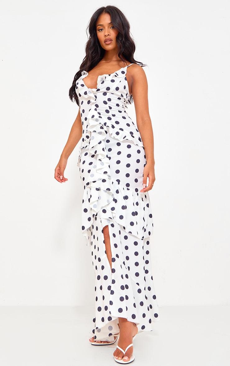 Tall White Polkadot Textured Frill Maxi Dress Product Image