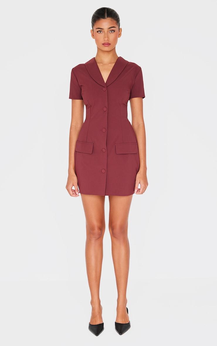 Burgundy Tailored Woven Cap Sleeve Button Down Shift Dress Product Image