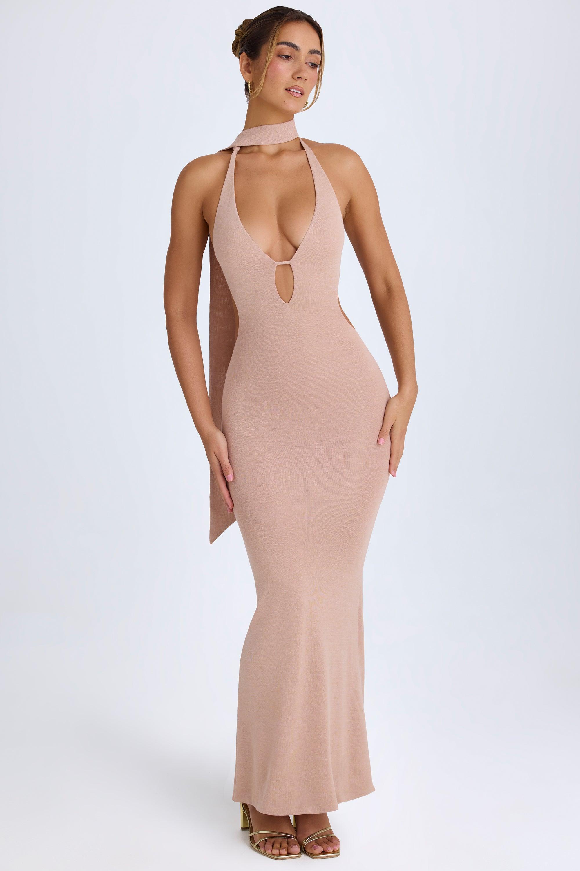 Scarf-Detail Cut-Out Halterneck Maxi Dress in Warm Peach Product Image