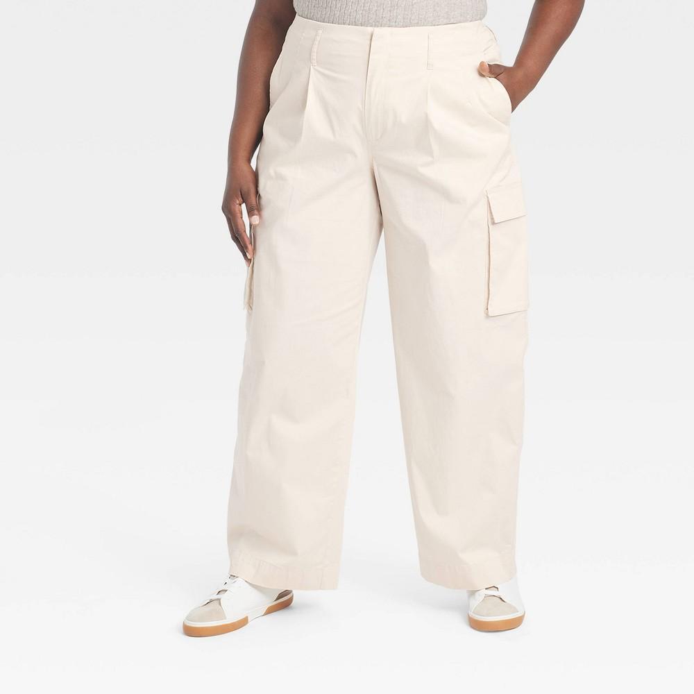 Womens High-Rise Wide Leg Cargo Pants - A New Day Cream 26 Product Image