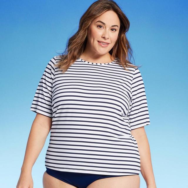 Lands End Womens UPF 50 Striped Crewneck Half Sleeve Rash Guard - Navy Blue/White Product Image