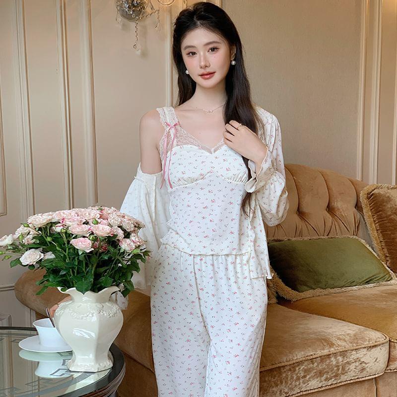 Pajama Set: Floral Lace Trim Camisole Top + Ruffle Pants + Shirt Product Image