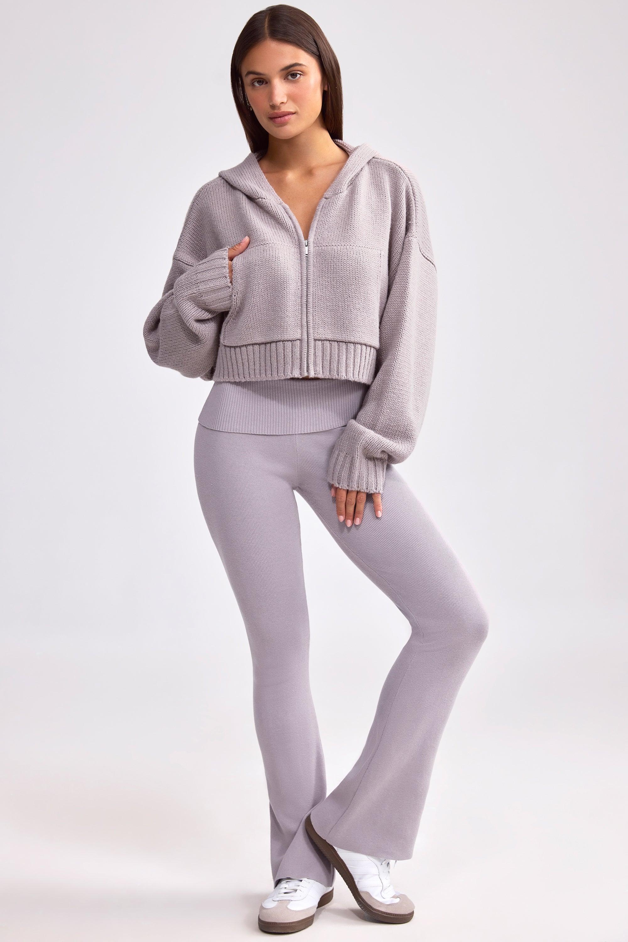 Cropped Zip-Up Chunky Knit Hoodie in Dusty Lavender Product Image