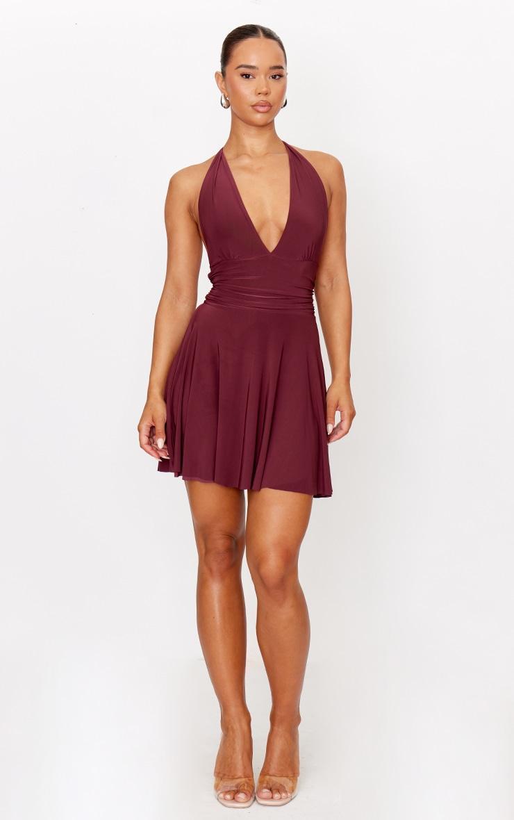 Burgundy Double Layer Slinky Halter Neck Tie Back Shift Dress Product Image