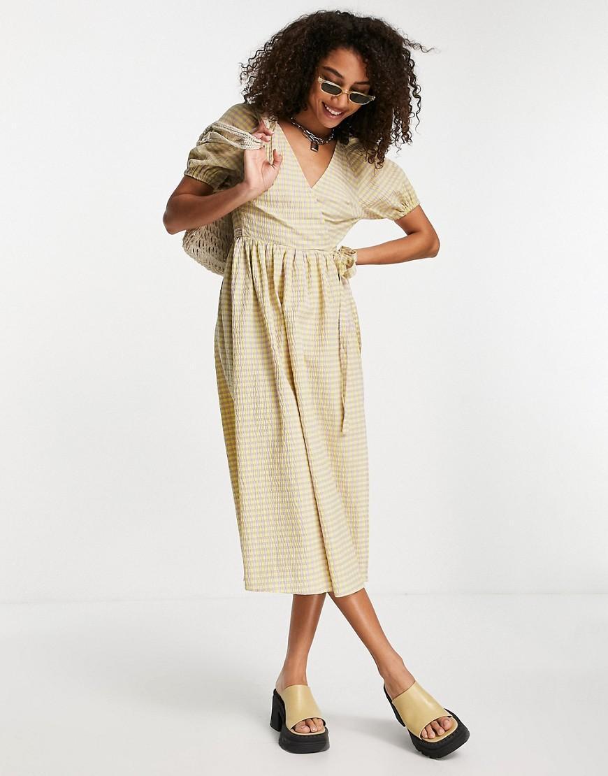 Topshop seersucker check wrap dress in lime and lilac Product Image