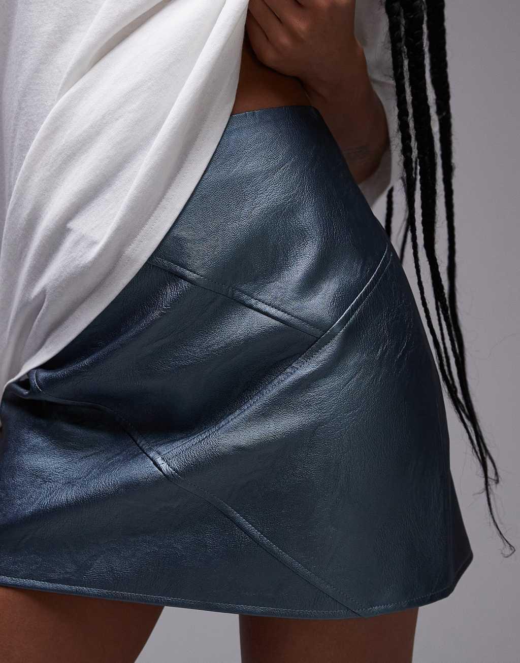 Topshop Petite faux leather paneled seam pelmet skirt in metallic airforce blue Product Image