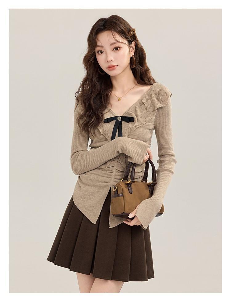 Long-Sleeve V-Neck Frill Trim Plain Top Product Image