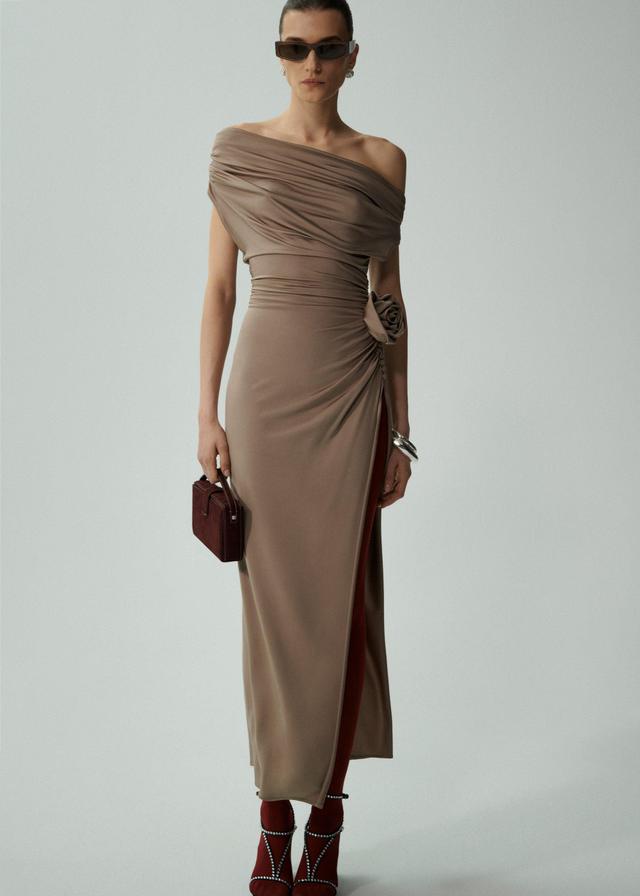 Cowl neck jersey midi dress in beige Product Image