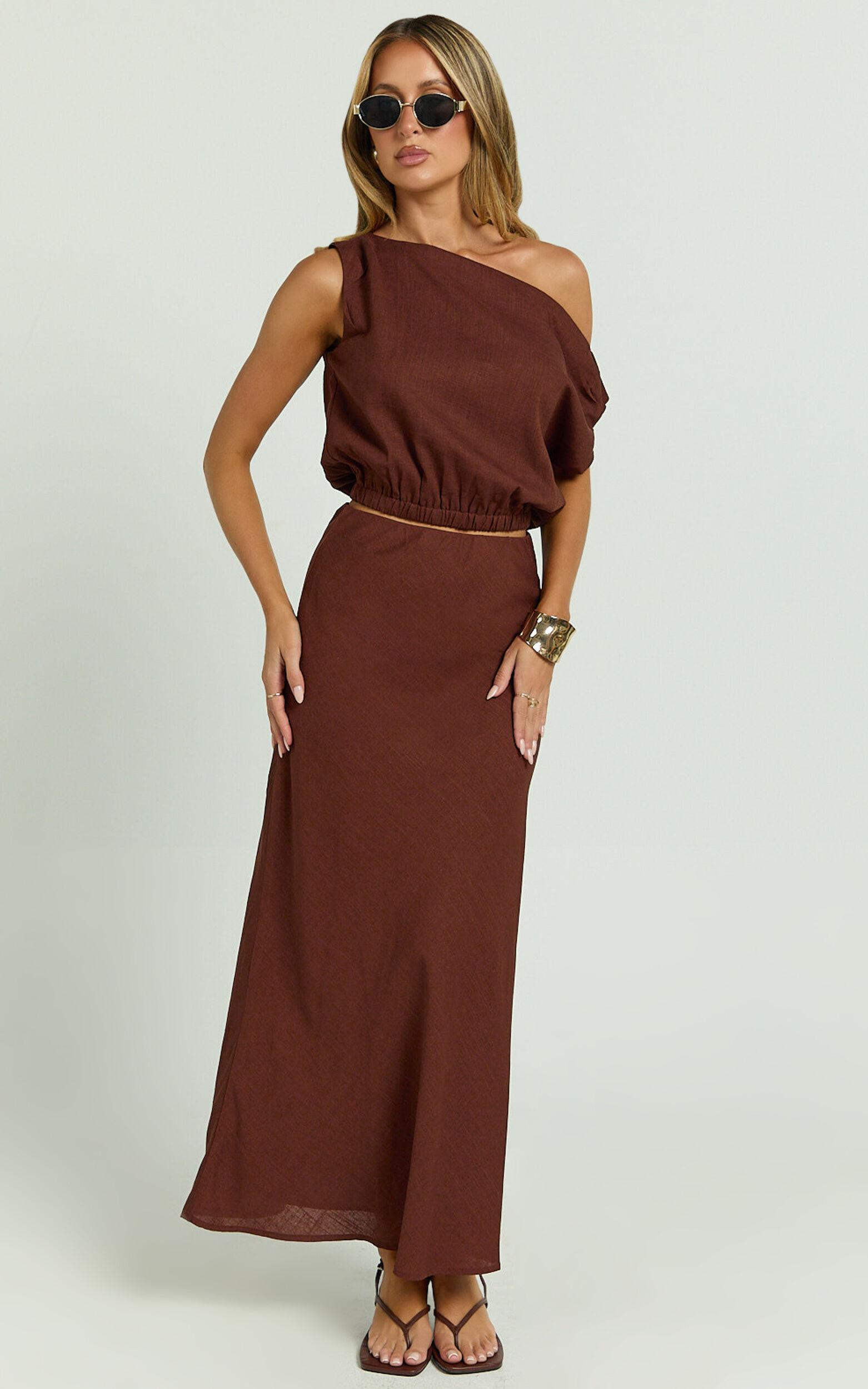 Collins Midi Skirt - Linen Look High Waisted Linen Look Bias Slip Skirt in Chocolate Product Image