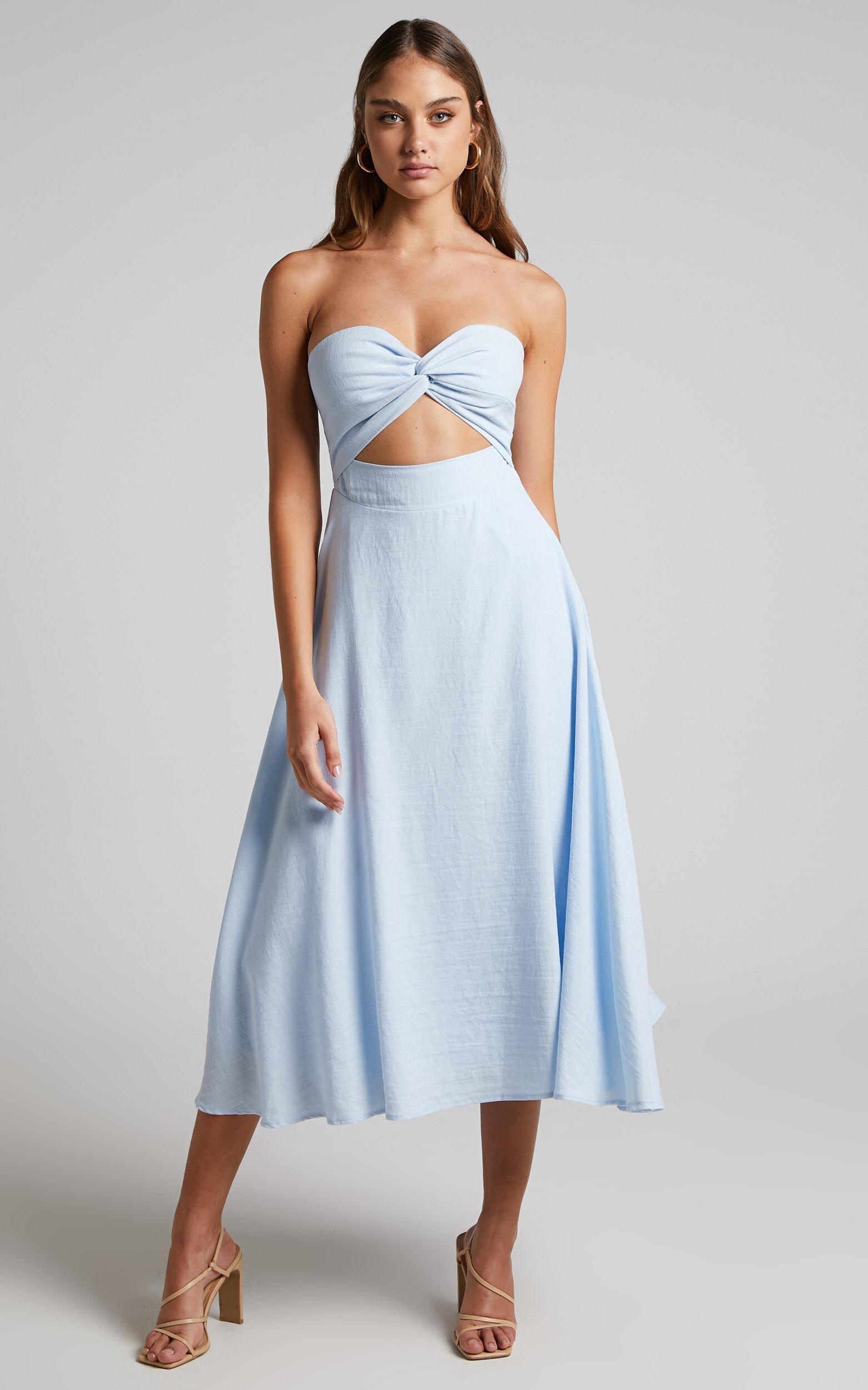 Avie Midi Dress - Twist Strapless Cocktail Dress in Ice Blue Product Image