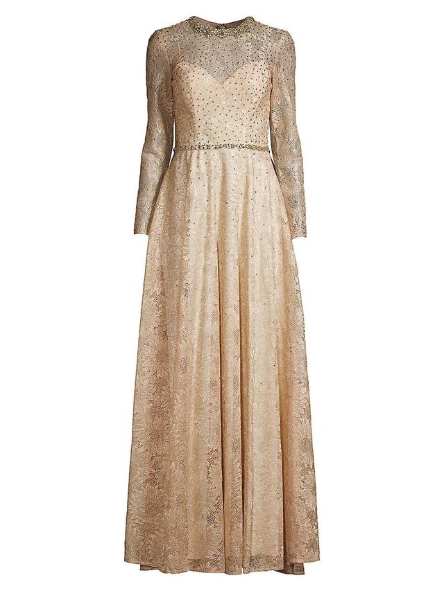 Womens Embellished Golden Lace Gown Product Image