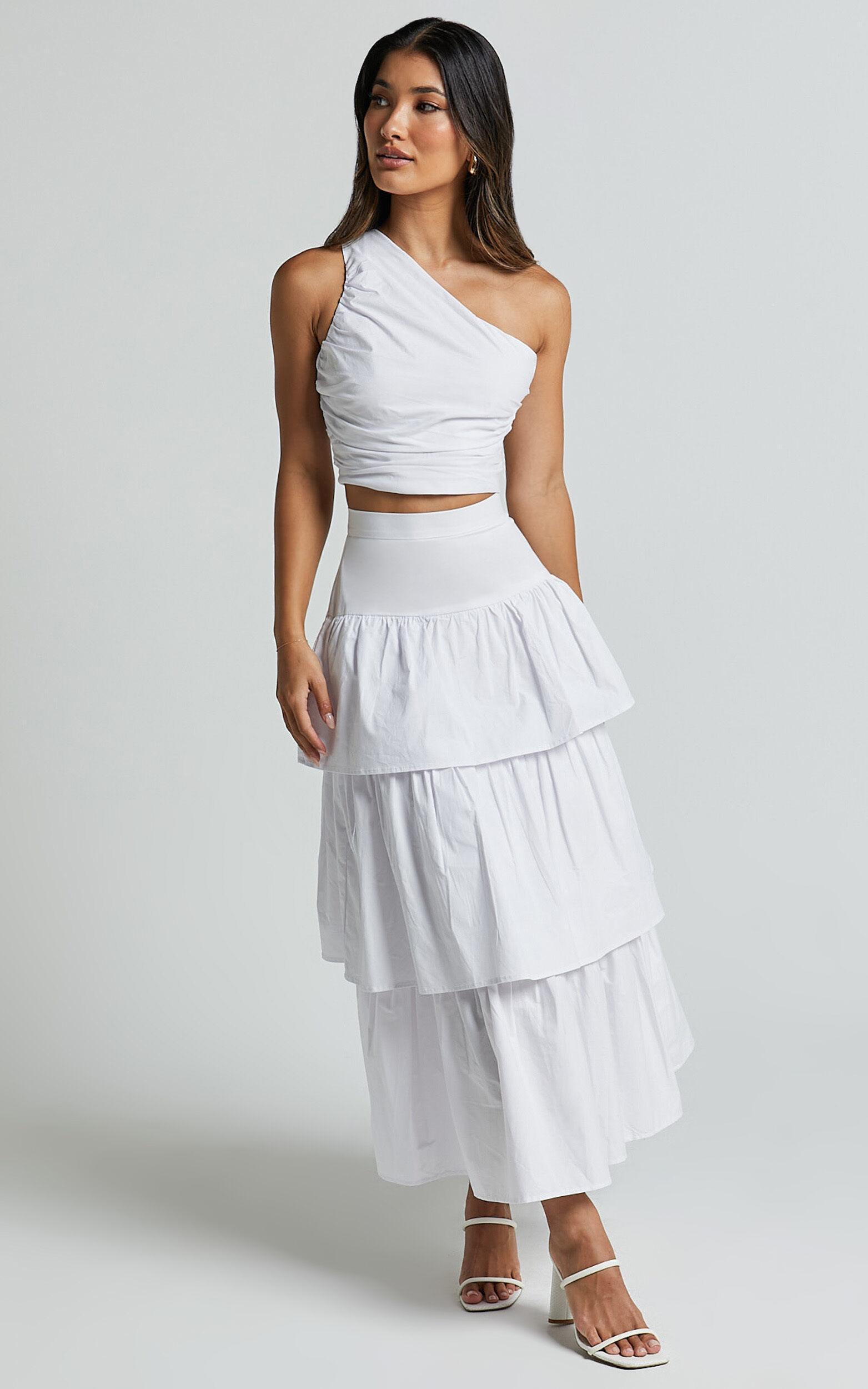 Kaycie Two Piece Set - One Shoulder Asymmetrical Ruched Top and Tiered Midi Skirt Set in White Product Image