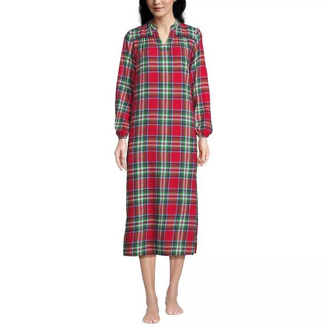 Womens Lands End Long Sleeve Flannel Nightgown Blue Linework Floral Product Image