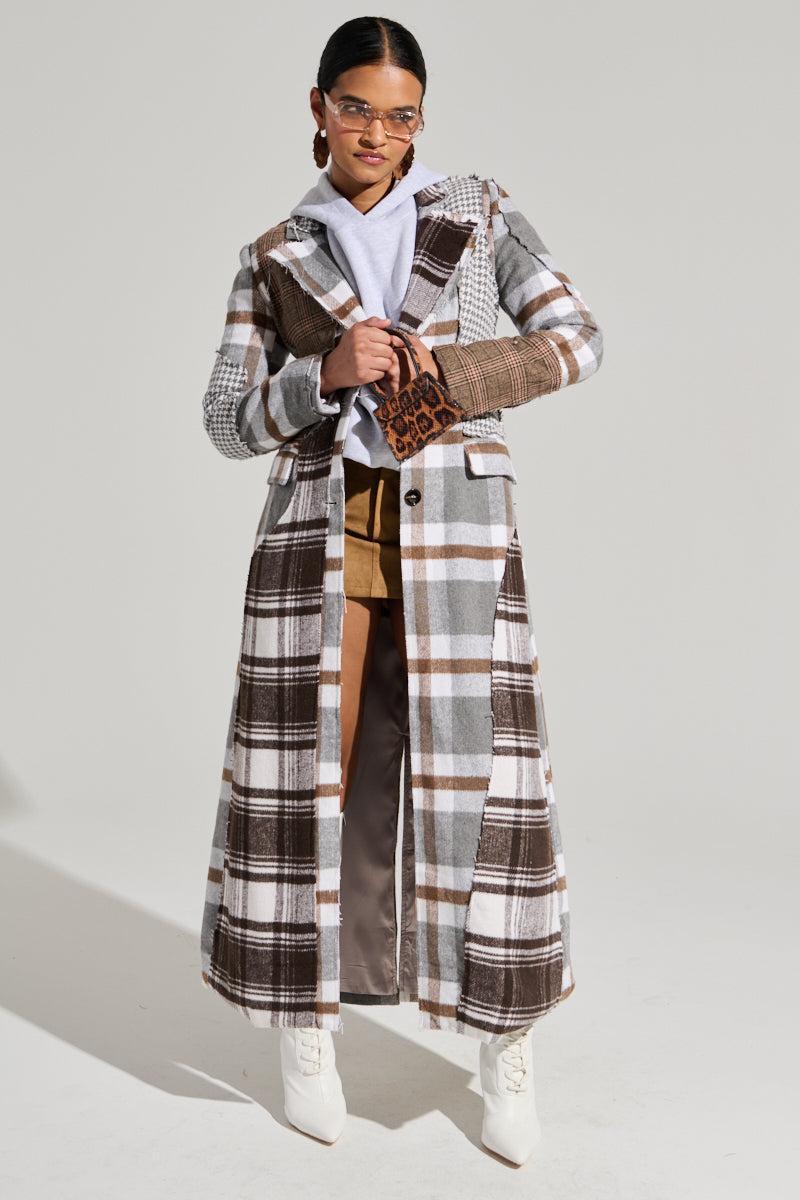 MIXED PLAID NOT FEELINGS PATCHWORK TRENCH Product Image