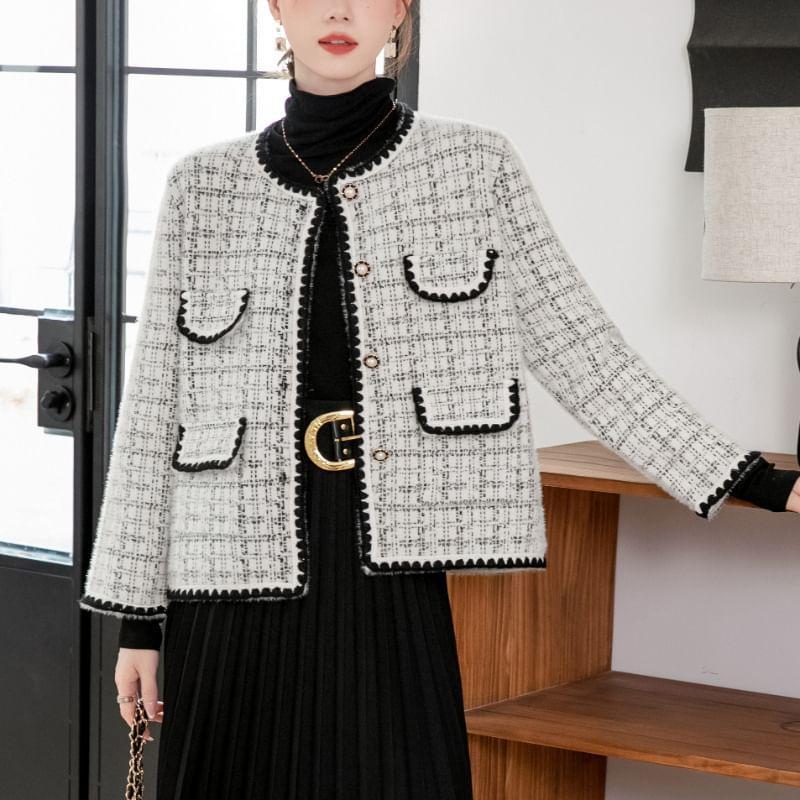 Round Neck Tweed Cropped Button Jacket Product Image