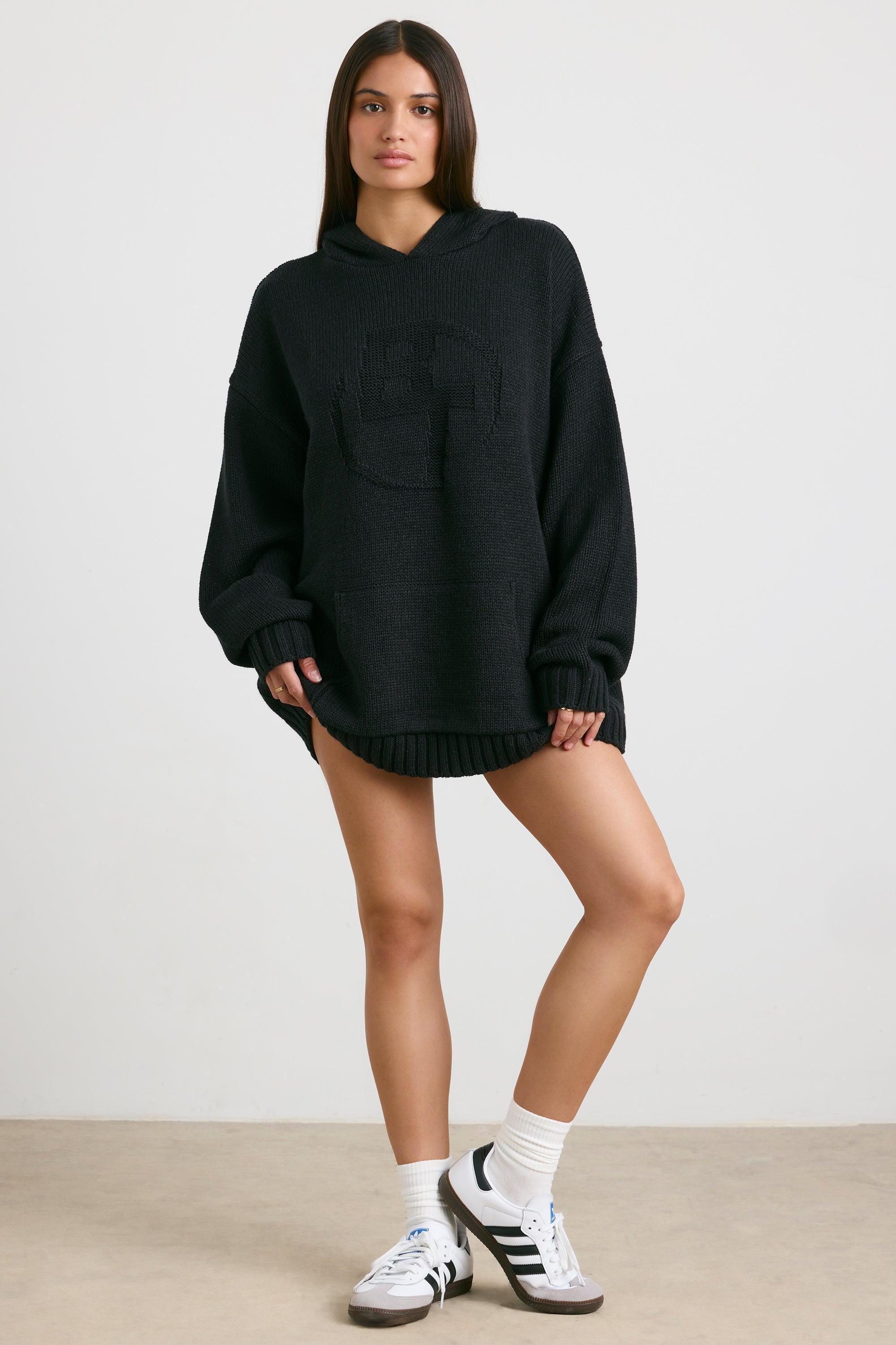 Oversized Chunky Knit Hoodie in Black Product Image