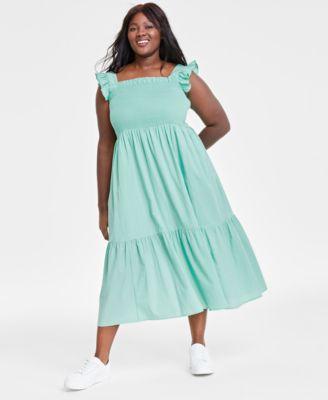 Plus Size Woven Solid Smocked Ruffled Midi Dress, Created for Macy's Product Image