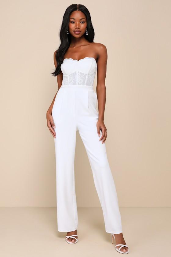 Positively Impressive White Lace Strapless Bustier Jumpsuit Product Image