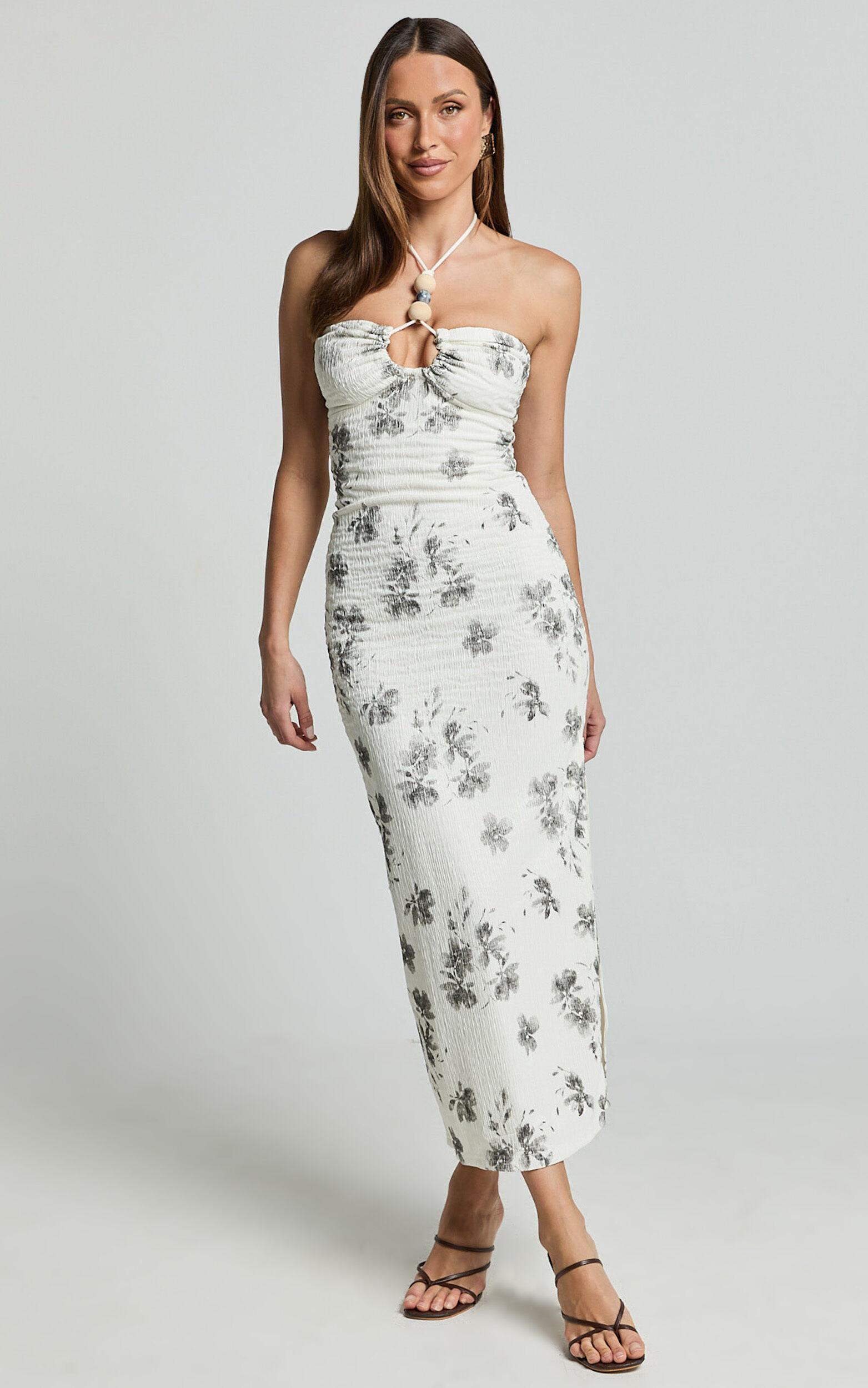 Evaline Midi Dress - Halter Neck Cut Out Front Slip Dress in Black and White Floral product image