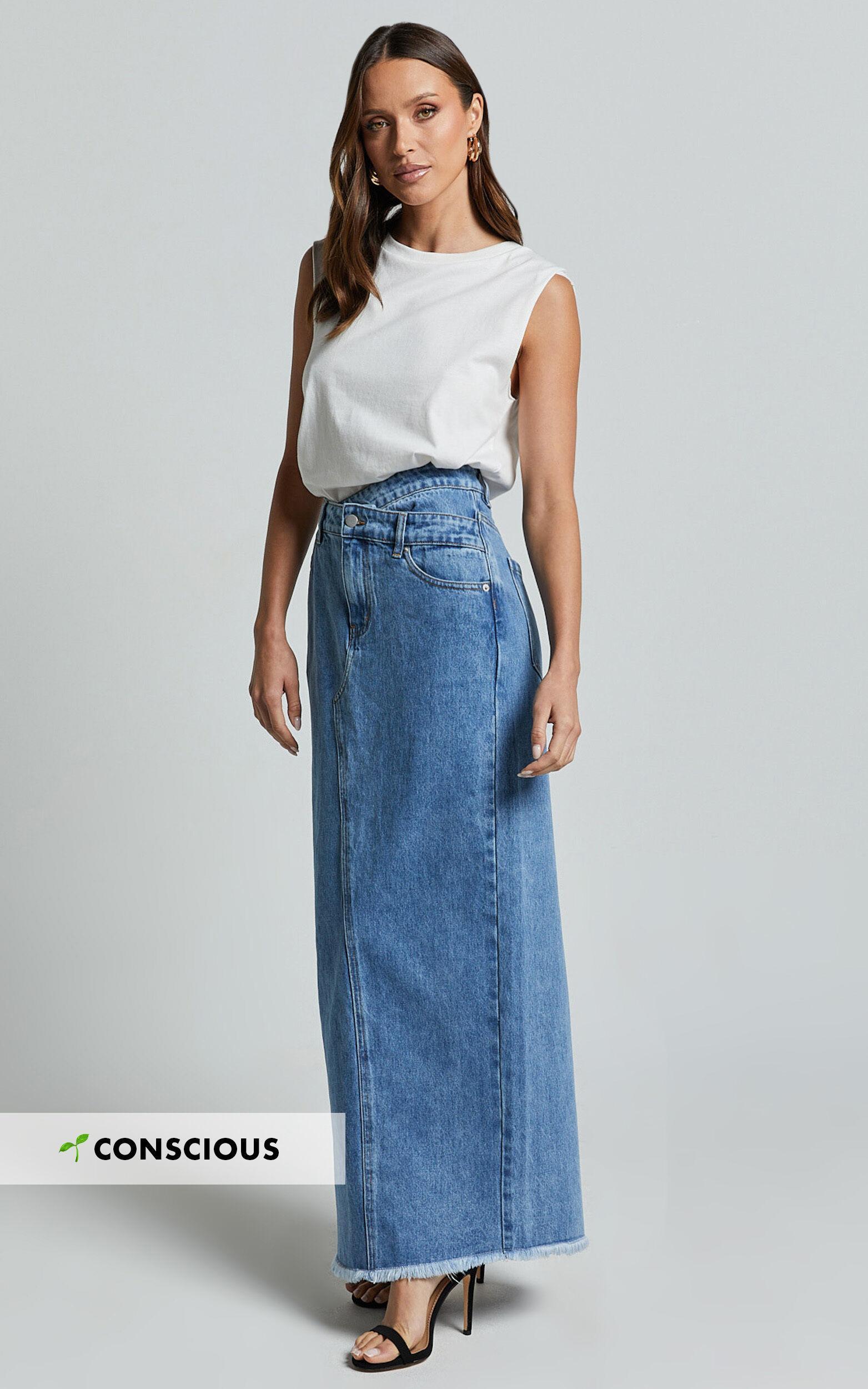 Evelyn Maxi Skirt - High Asymmetrical Waist Frayed Hem Denim Skirt in Mid Blue Wash product image