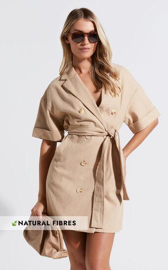 Cyrus Mini Dress - Waist Wrap Short Sleeve Blazer Mini Dress in Stone Product Image