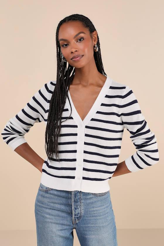 Charming Element Ivory and Navy Striped Cardigan Sweater Product Image