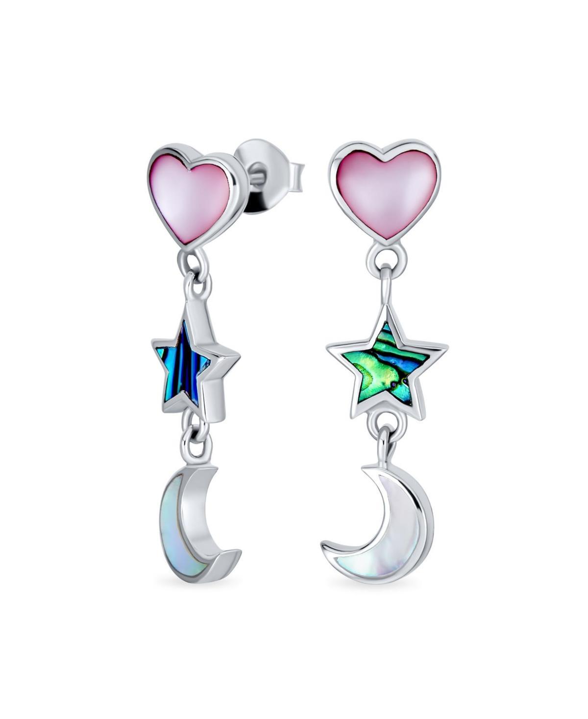 Bling Jewelry Celestial Crescent Moon Stars and Pink Heart White Mother of Iridescent Pearl Abalone Shell Inlay Dangle Earrings For Women Sterling Sil Product Image