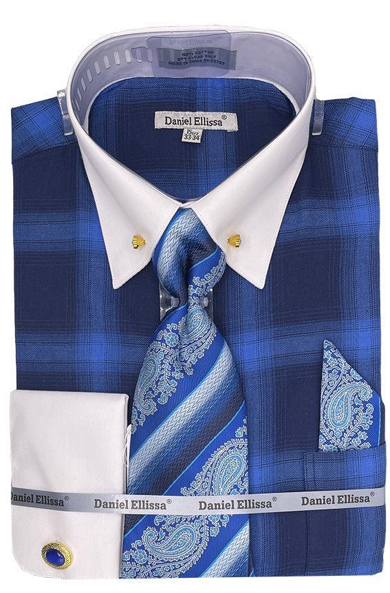 Blue Tone on Tone Check Printed French Cuff Dress Shirt Set with Tie and Pocket Square Product Image